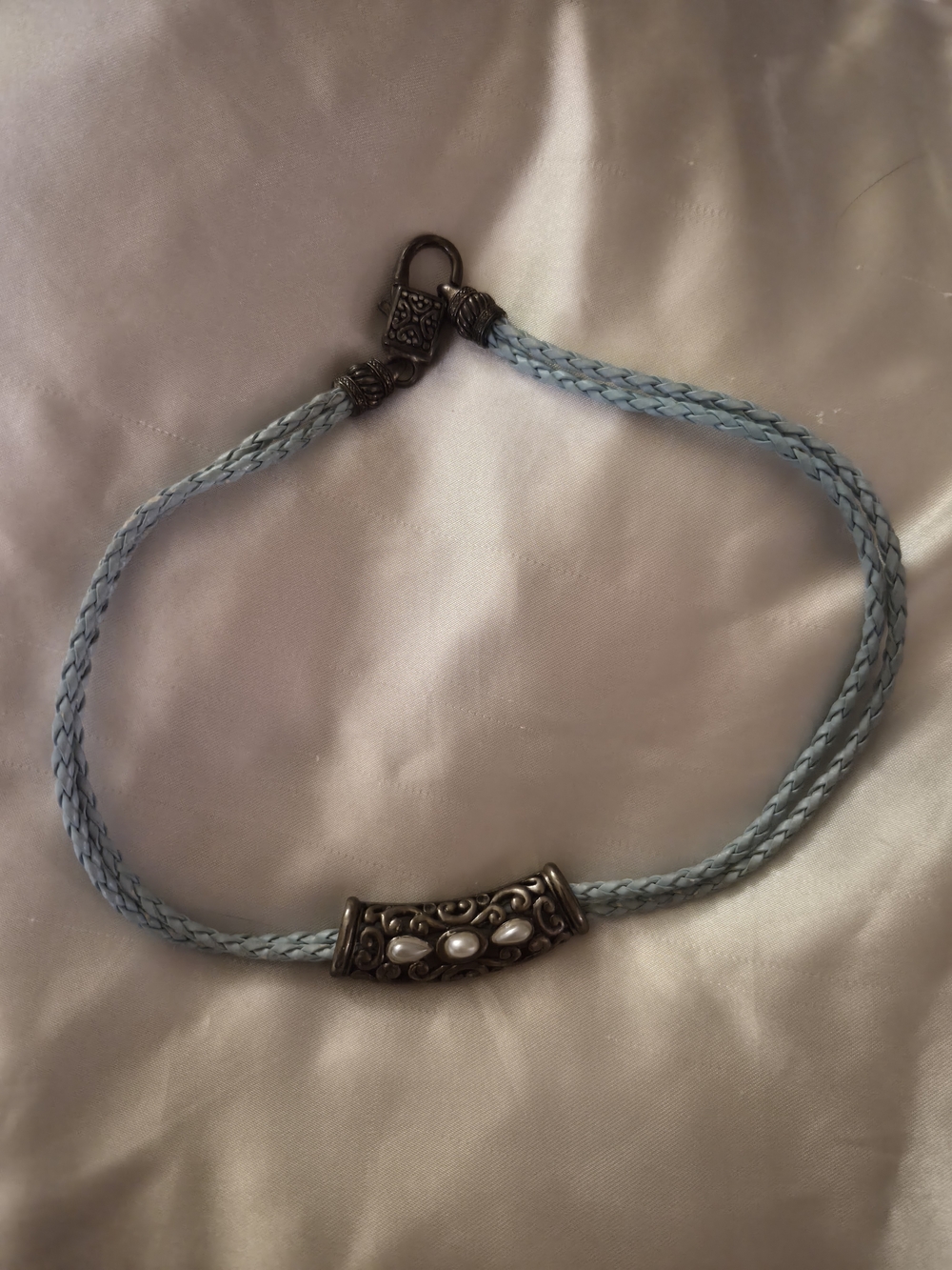 Vintage Style Blue Braided Cord Necklace w Pearl Detail